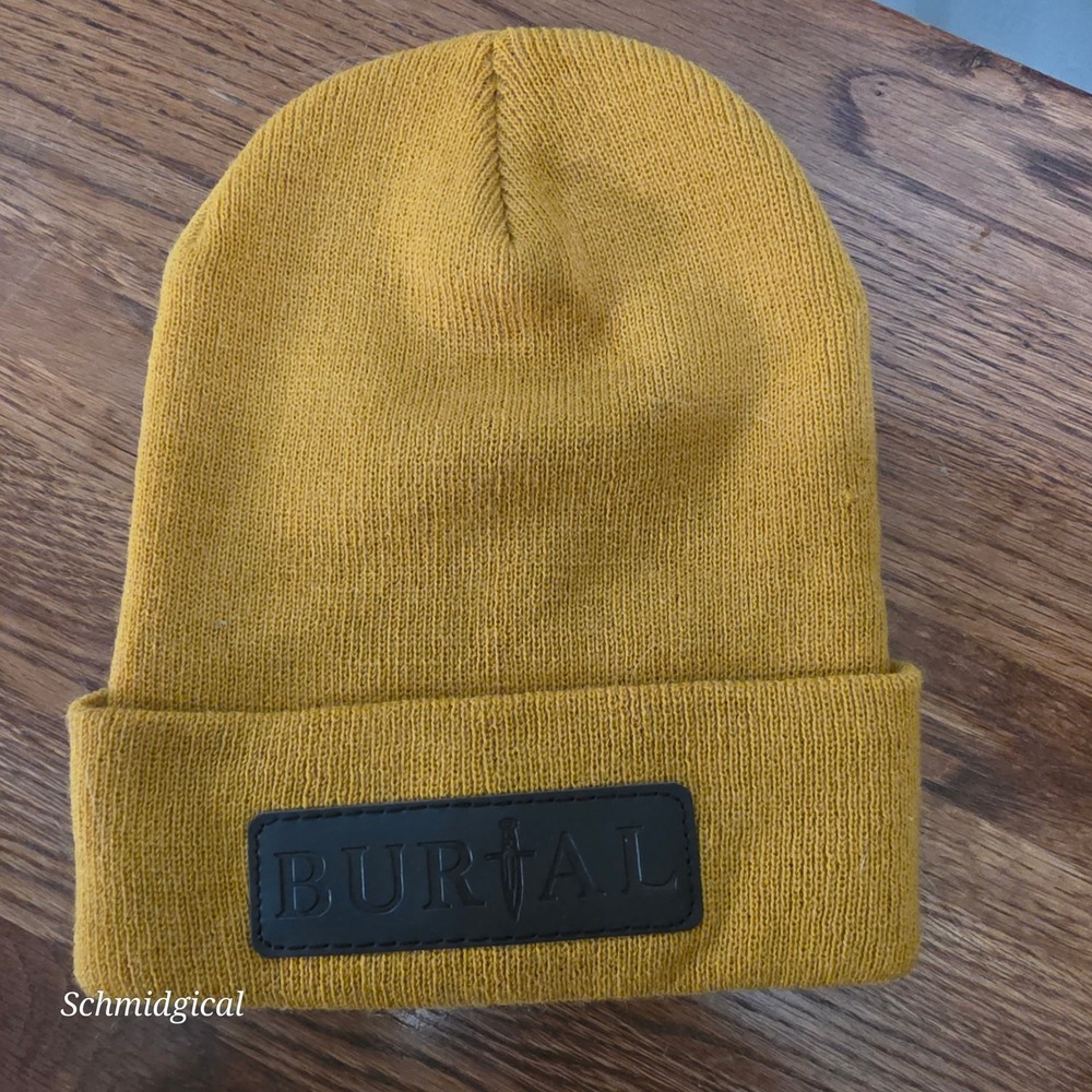 Burial Beer Co Richardson Mustard Yellow Knit Cuffed Beanie Hat R18 Patch